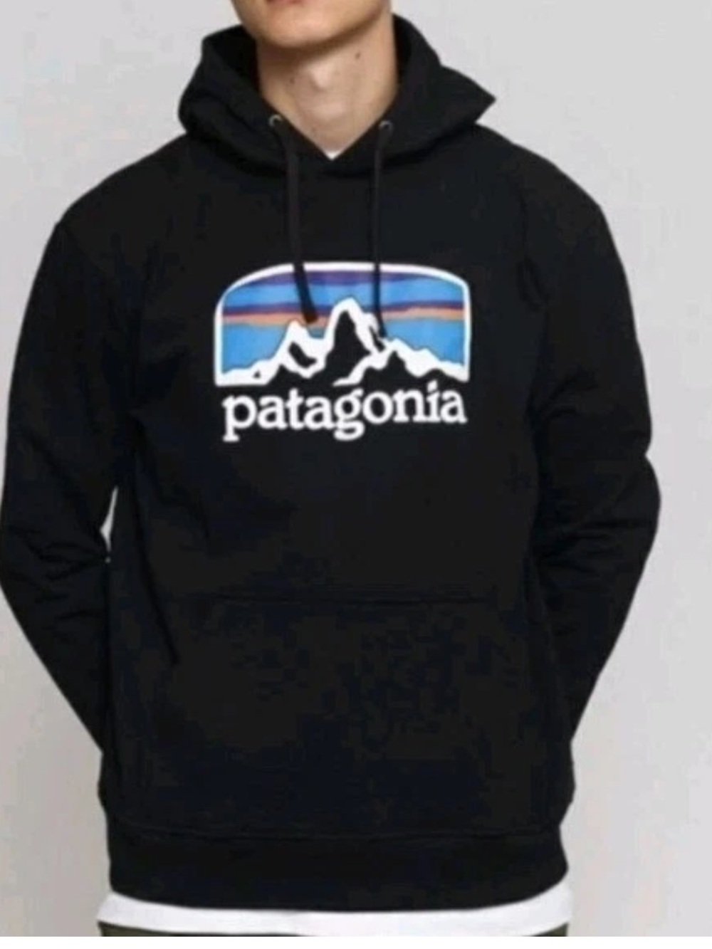 Patagonia Black Pullover Hoodie with Blue & Purple Logo